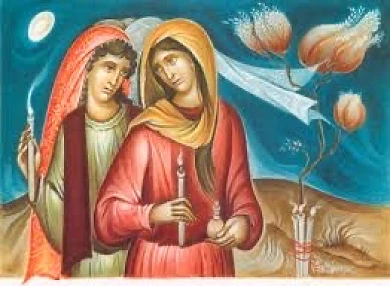 «Τόν Νυμφίον‭‭ ‬ἀ‬δελφοί‭ ‬ ‭ἀ‬γαπήσωμεν,‭ ‬τάς‭ ‬λαμπάδας‭ ἑ‬αυτ‭ῶν‬ ε‭ὐ‬τρεπίσωμεν»